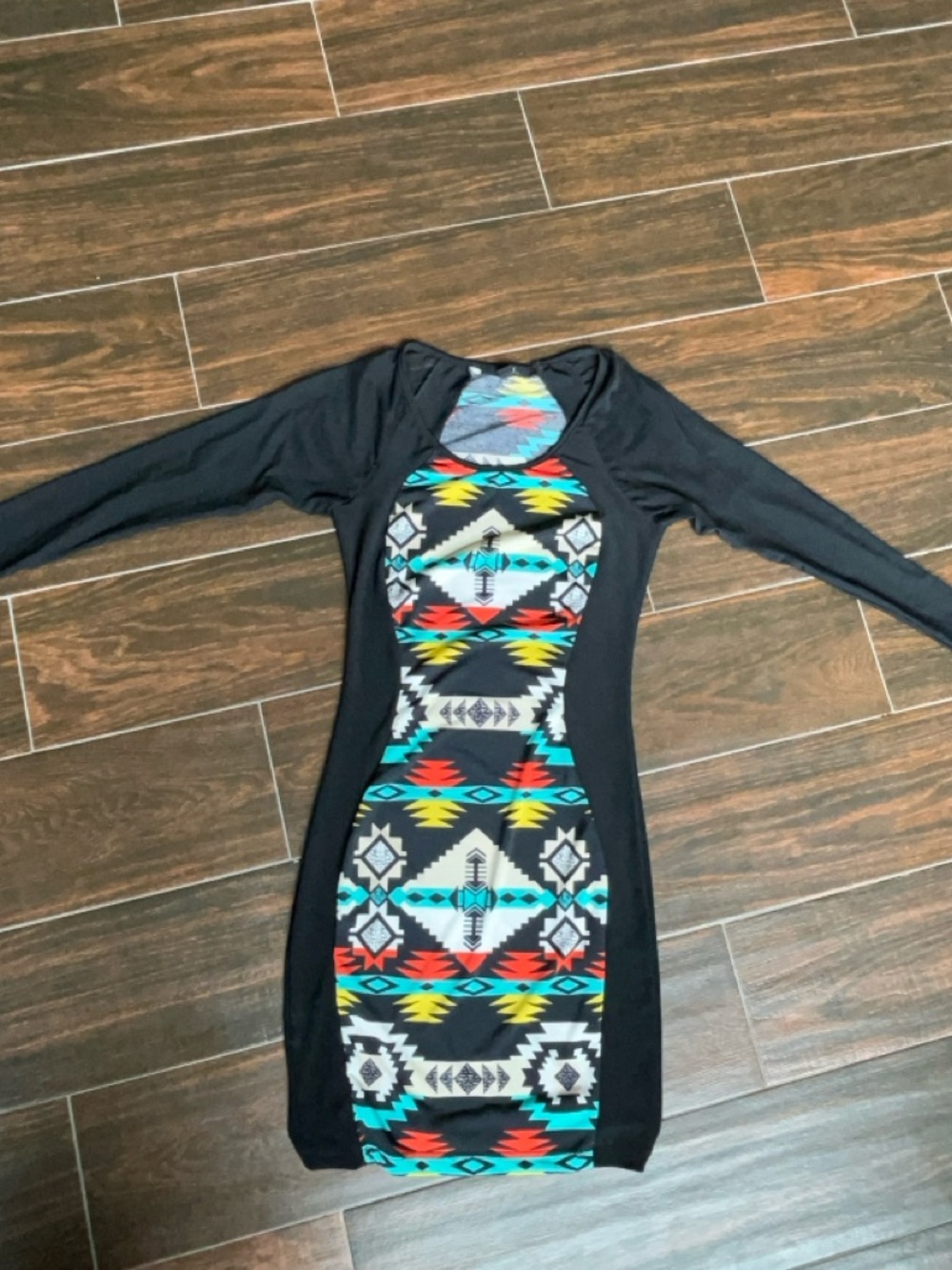 iris Black Long Sleeve Bodycon Dress with Multicolor Aztec Panel sheer sleeves